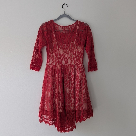 Free People Floral Embroidered Mesh Lace Mini Dress Pleated Red Women's Size 4 - Picture 6 of 13